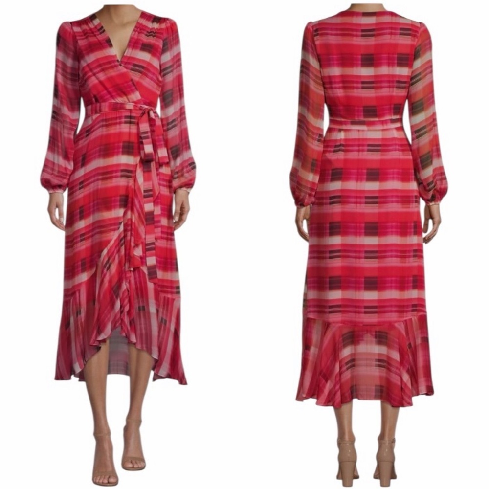 MILLY Red Multi Halley Prep Plaid Belted Ruffled Midi Dress. Size 4.